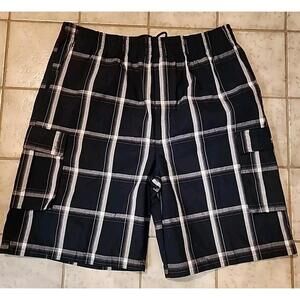 Nwt Shaka Wear Cargo Shorts Men's Sz 4XL Navy BluePlaid Drawstring Elastic Waist